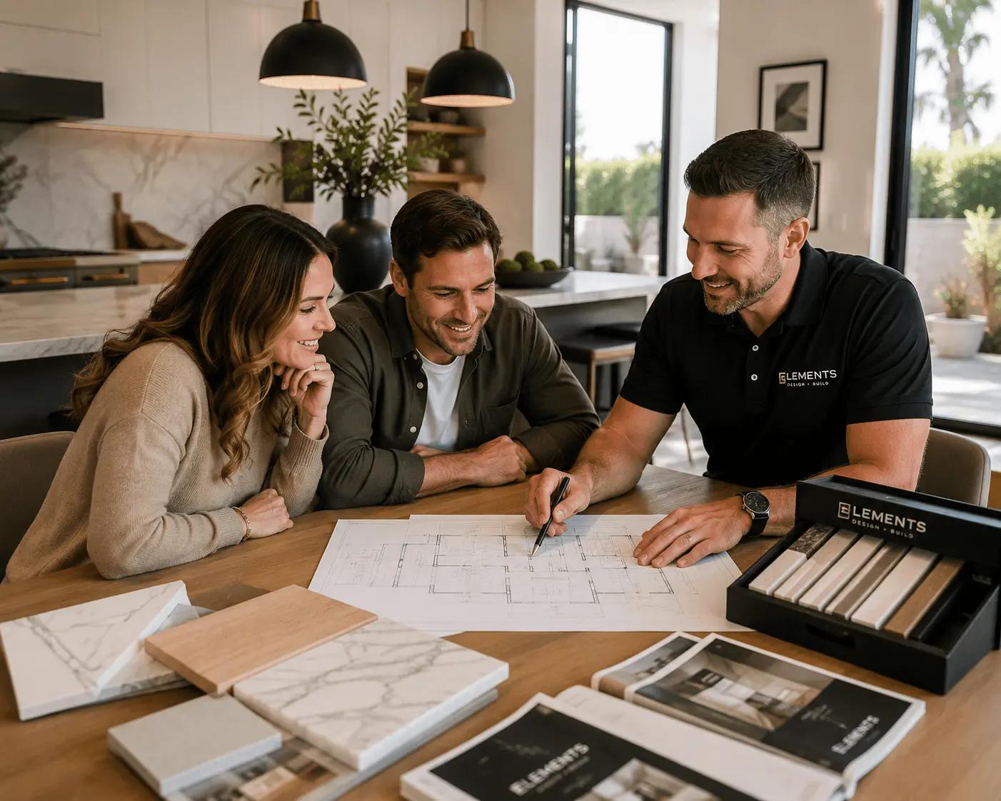 San Diego homeowner consulting with Elements Design & Build contractor on remodeling project
