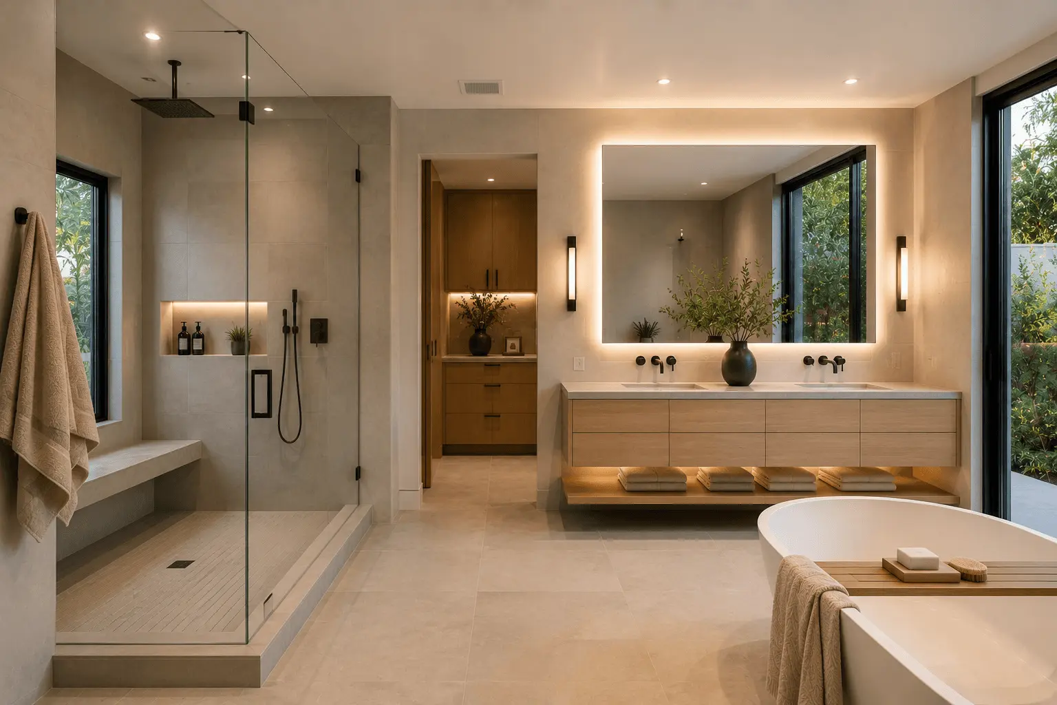 Modern spa bathroom remodel with frameless glass shower in San Diego