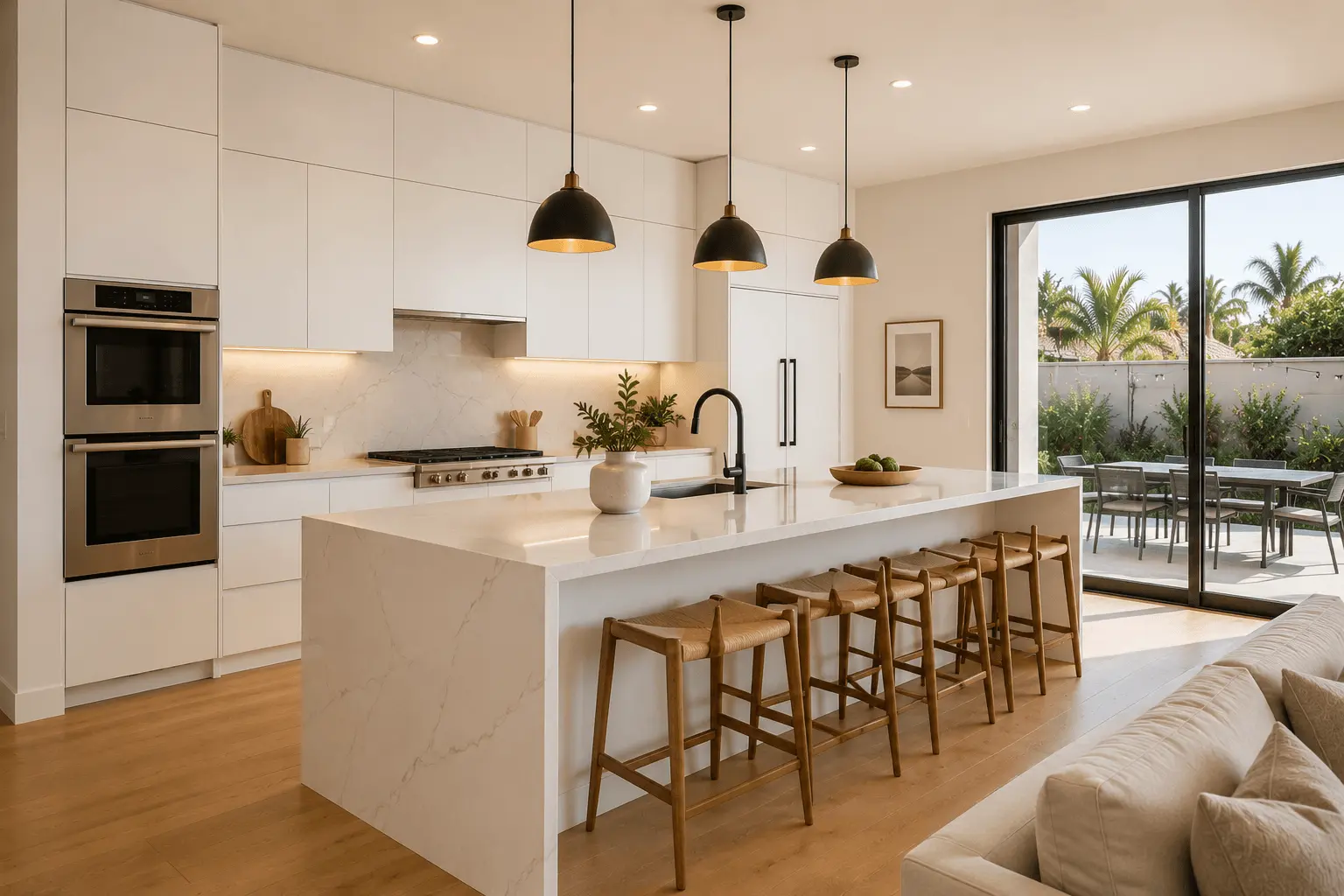 Modern kitchen remodel with waterfall island in San Diego design-build project