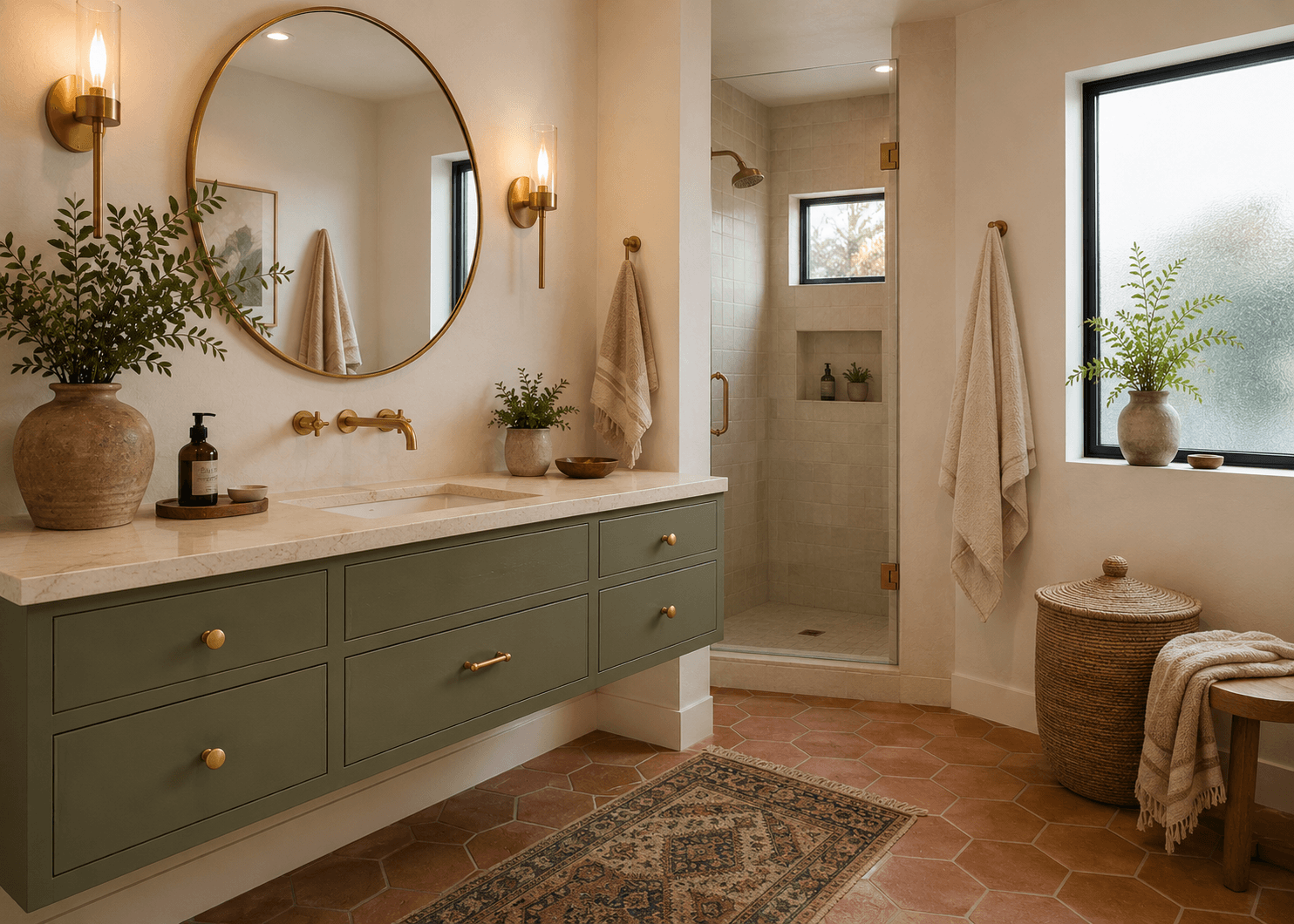 Warm earthy bathroom design San Diego remodel