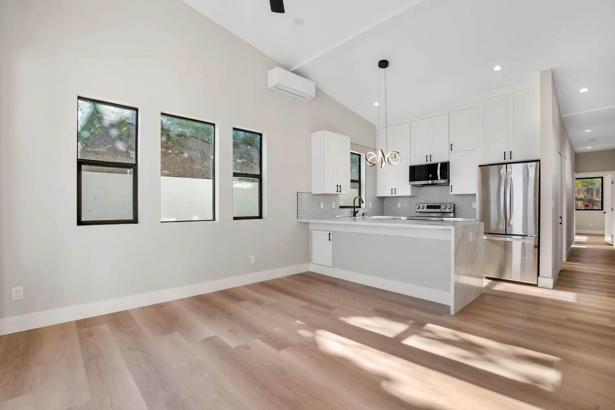 Open plan ADU living room and kitchen with vaulted ceiling
