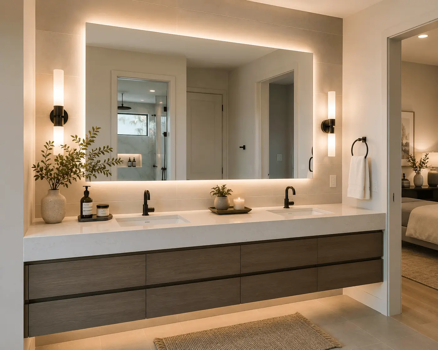 Floating double vanity bathroom remodel in Chula Vista San Diego by Elements Design & Build
