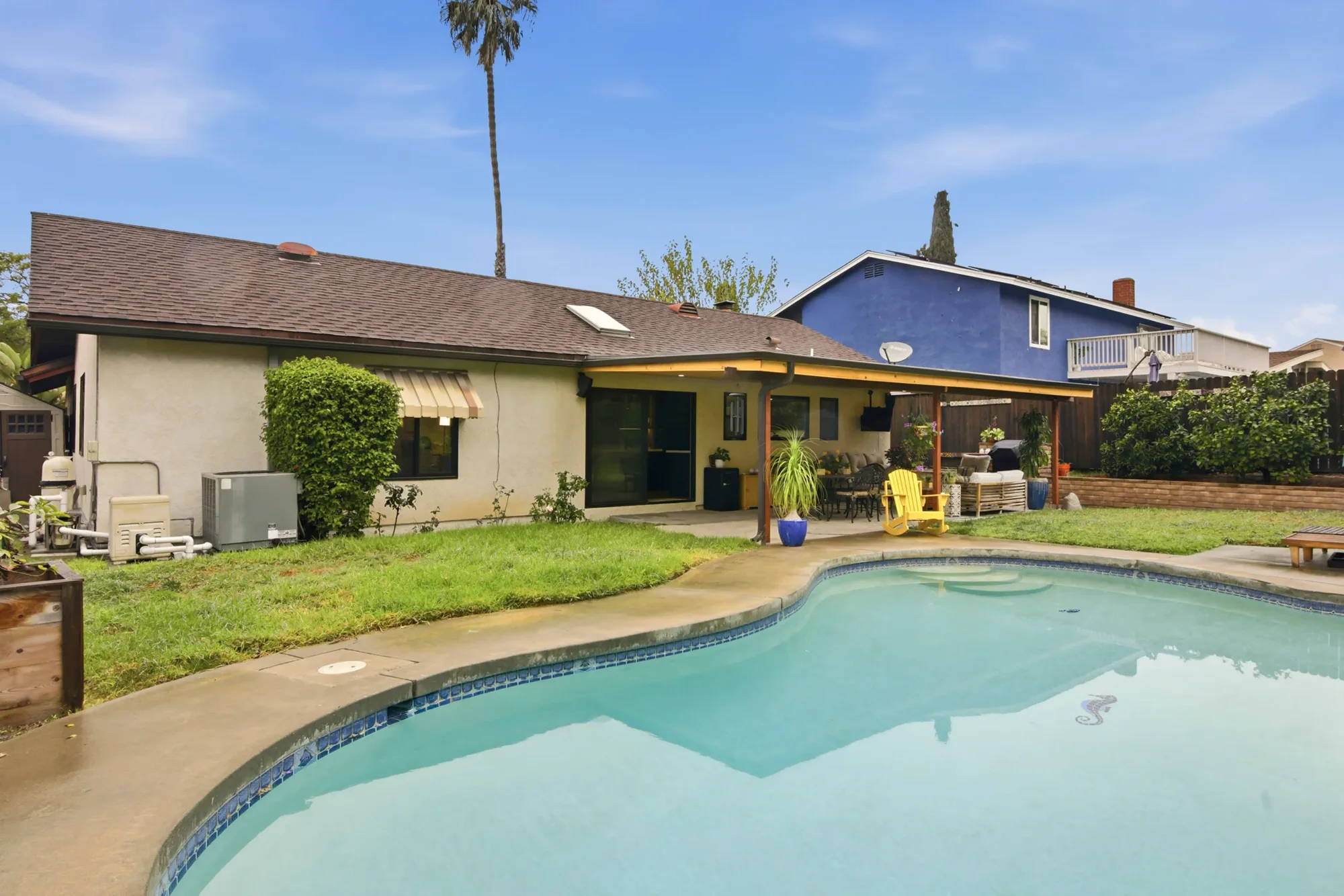 Remodeled backyard with pool and covered patio