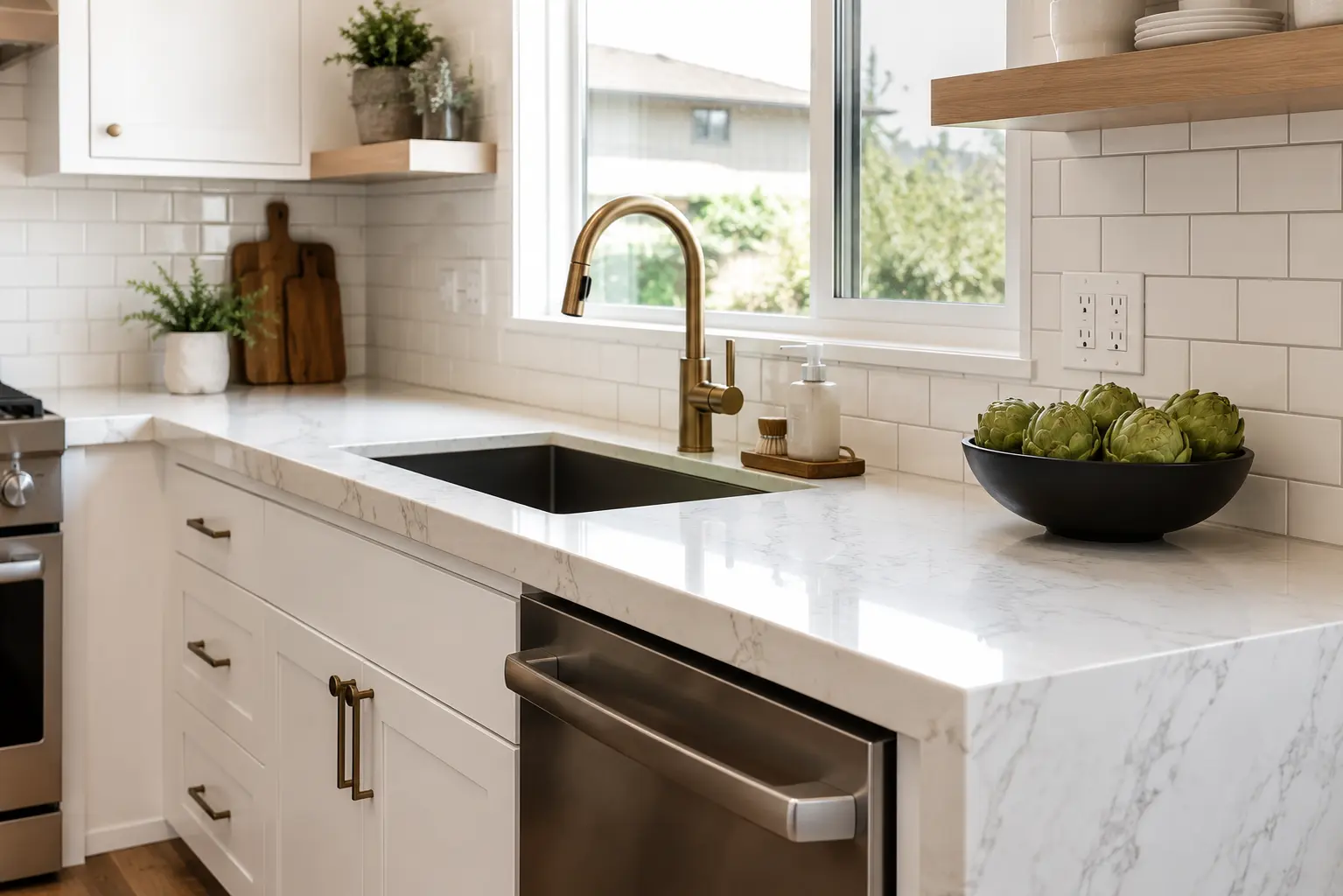 Kitchen remodel quartz waterfall countertop in North Park San Diego by Elements Design & Build