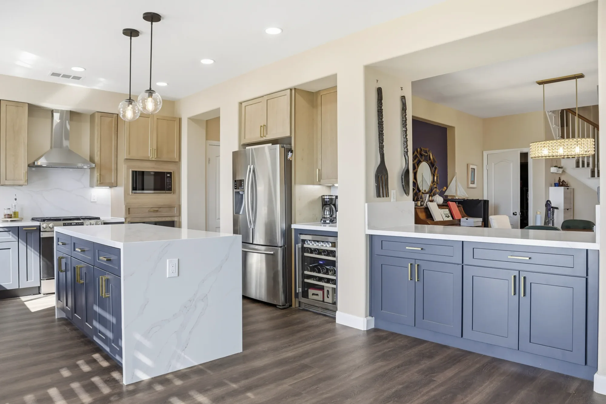 Open concept navy and oak kitchen remodel, San Diego