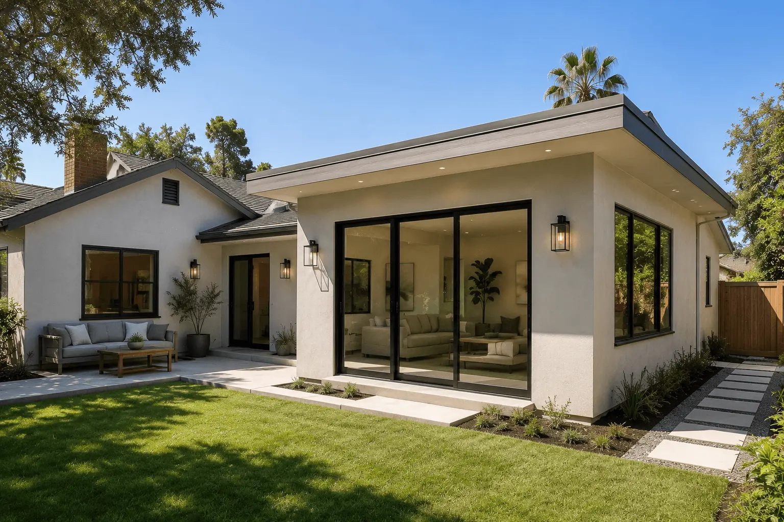 Living room addition in San Diego with sliding glass doors and indoor-outdoor connection by Elements Design & Build