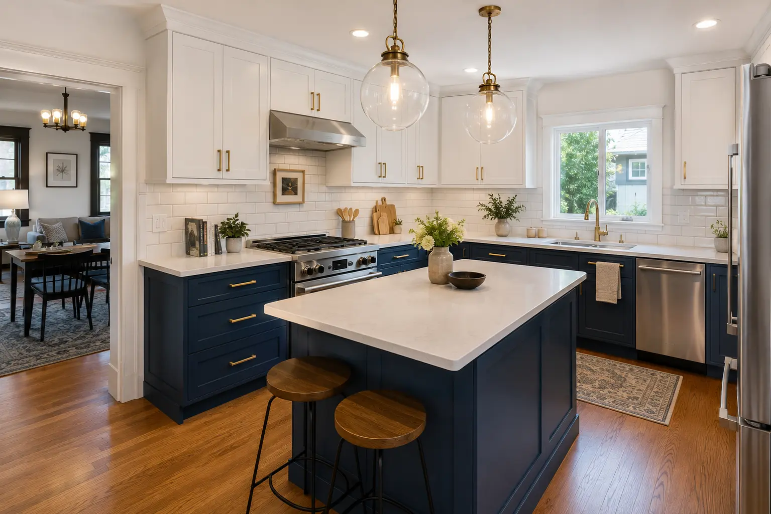 North Park kitchen remodel with navy cabinets and brass hardware by Elements Design & Build