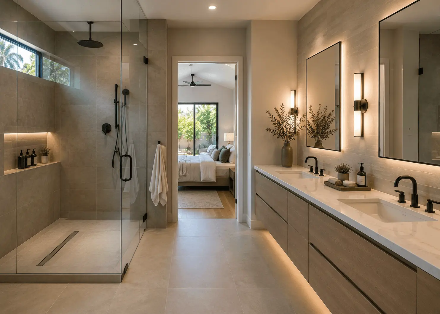 Primary suite bathroom addition in San Diego with walk-in shower and double vanity by Elements Design & Build