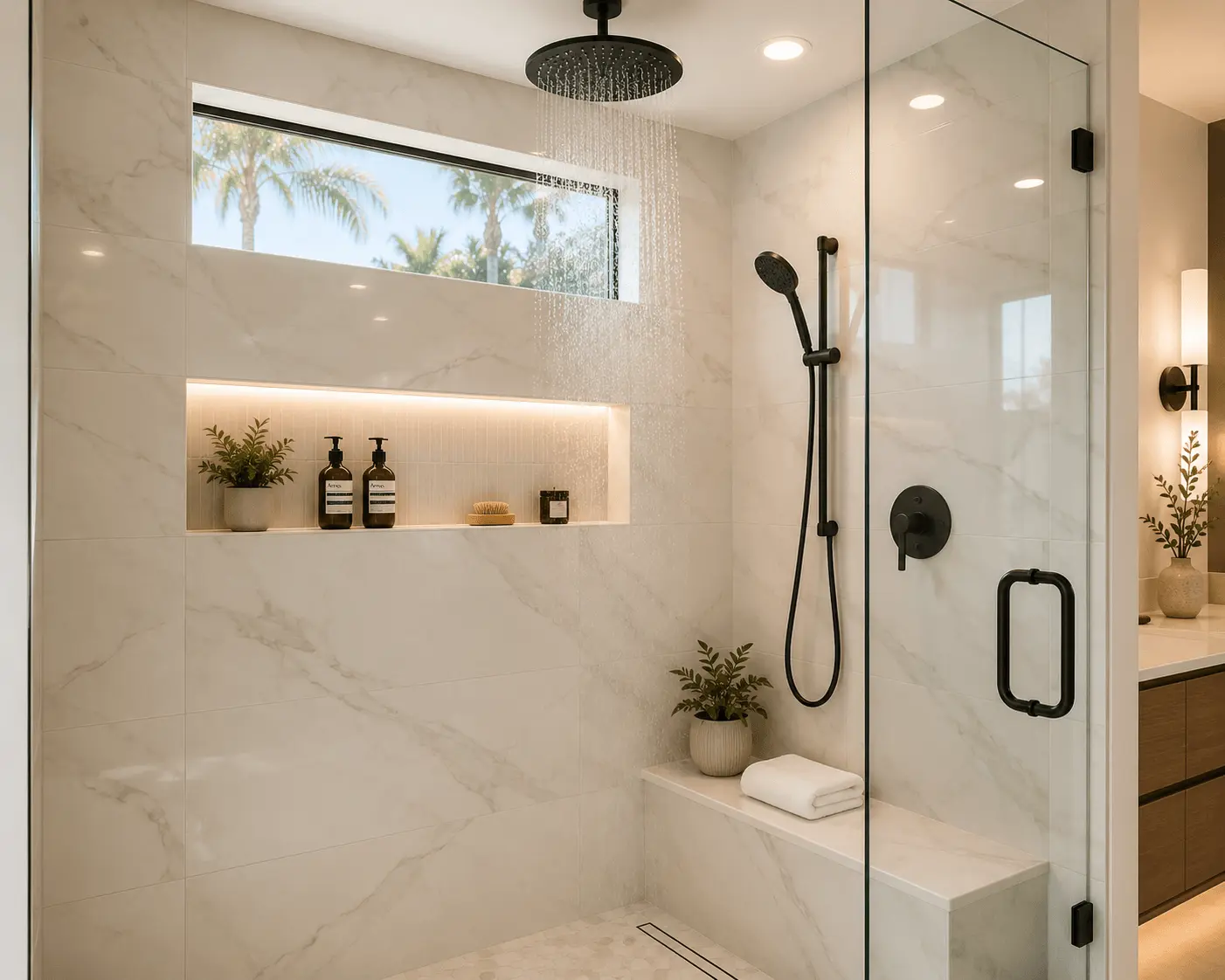 Walk-in shower remodel in Chula Vista San Diego with frameless glass and large format tile by Elements