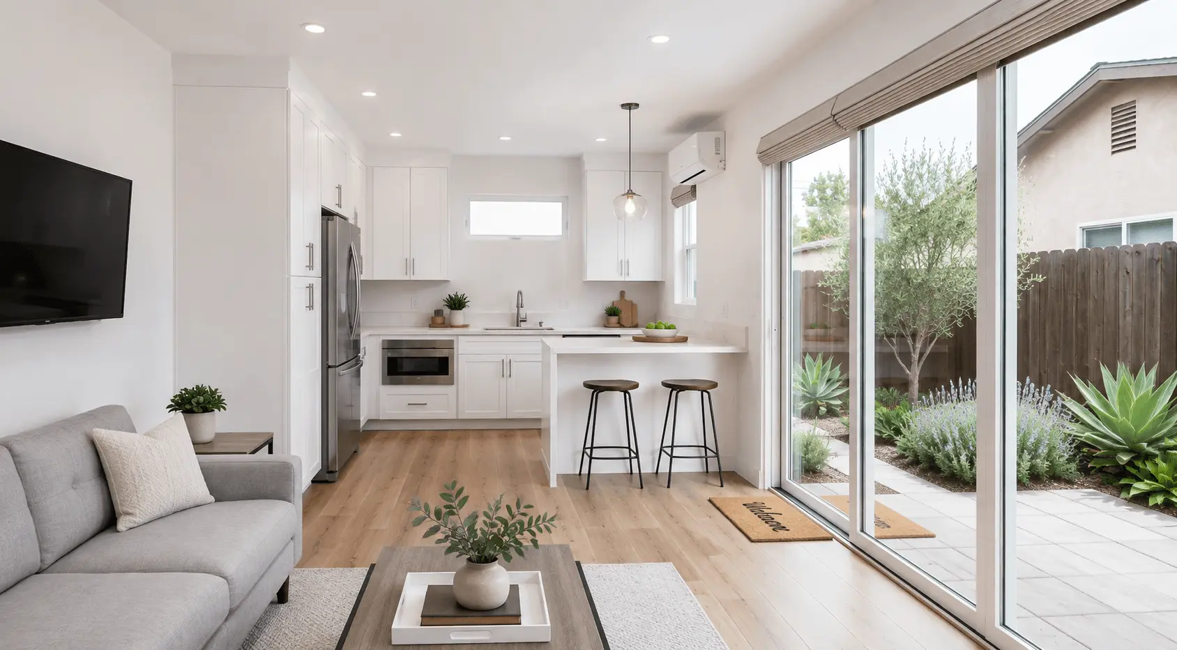 ADU home addition interior in San Diego - open plan kitchen and living area in rental unit by Elements Design & Build