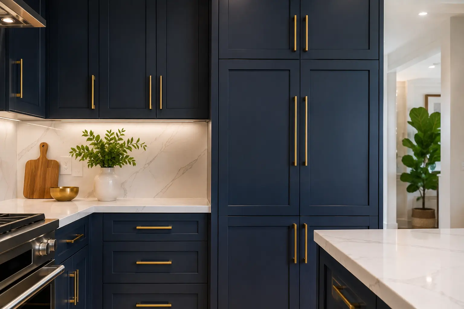 Custom kitchen cabinets cost in San Diego - high end navy blue floor to ceiling cabinetry by Elements Design & Build
