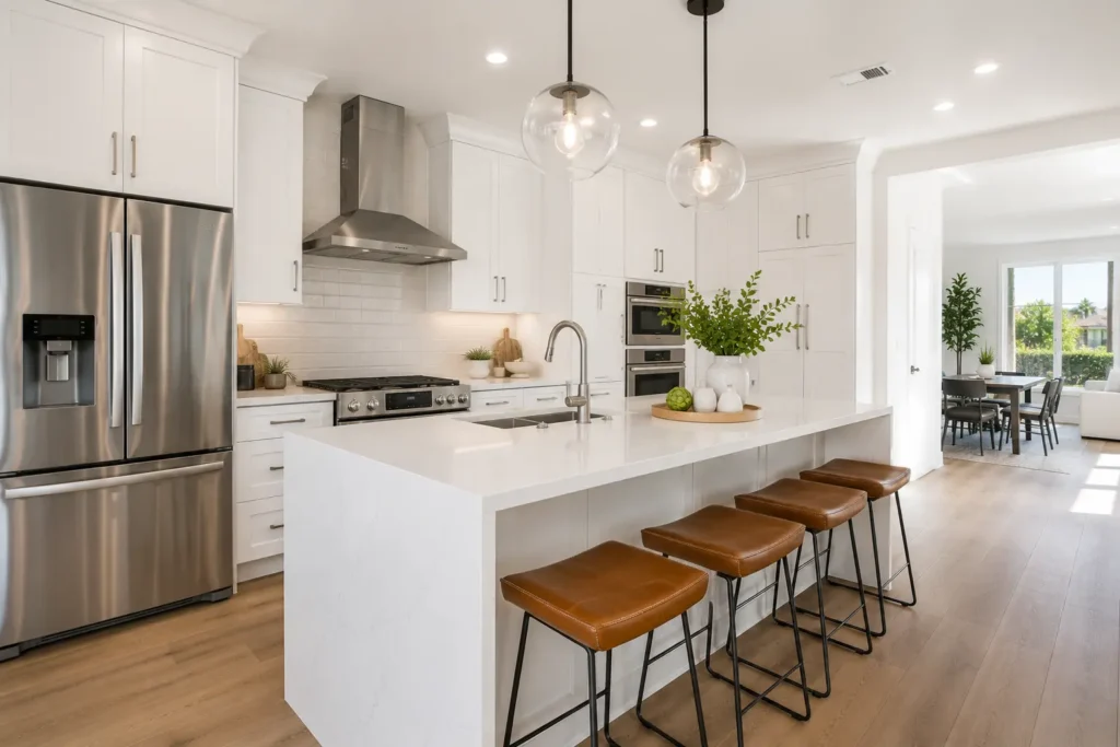 Kitchen cabinet cost in San Diego - new semi-custom white shaker cabinets and quartz countertops by Elements Design & Build