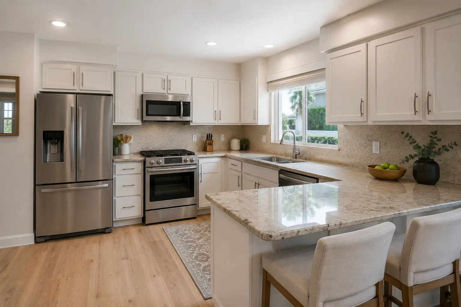Kitchen cabinet makeover on a budget in San Diego - updated hardware and fresh paint on existing cabinets by Elements Design & Build