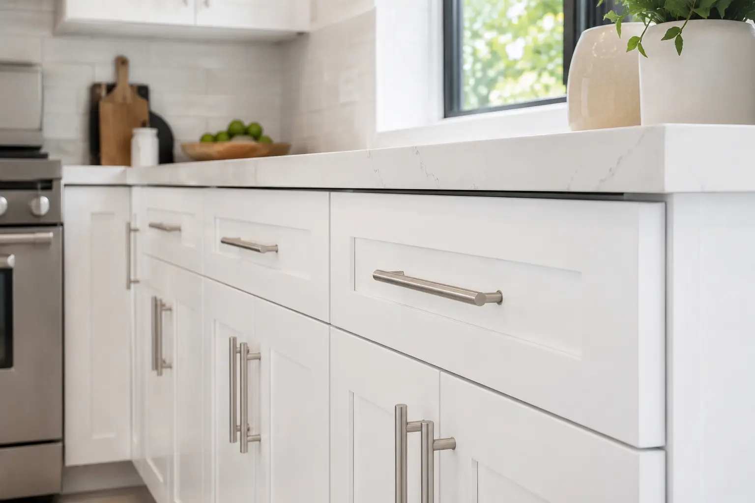 Kitchen cabinet upgrade for resale value in San Diego - shaker doors with brushed nickel hardware by Elements Design & Build