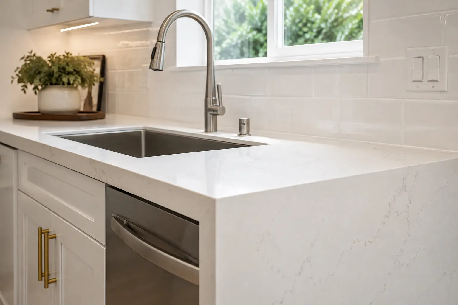 Kitchen countertop upgrade to increase home value in San Diego - white quartz waterfall countertop by Elements Design & Build