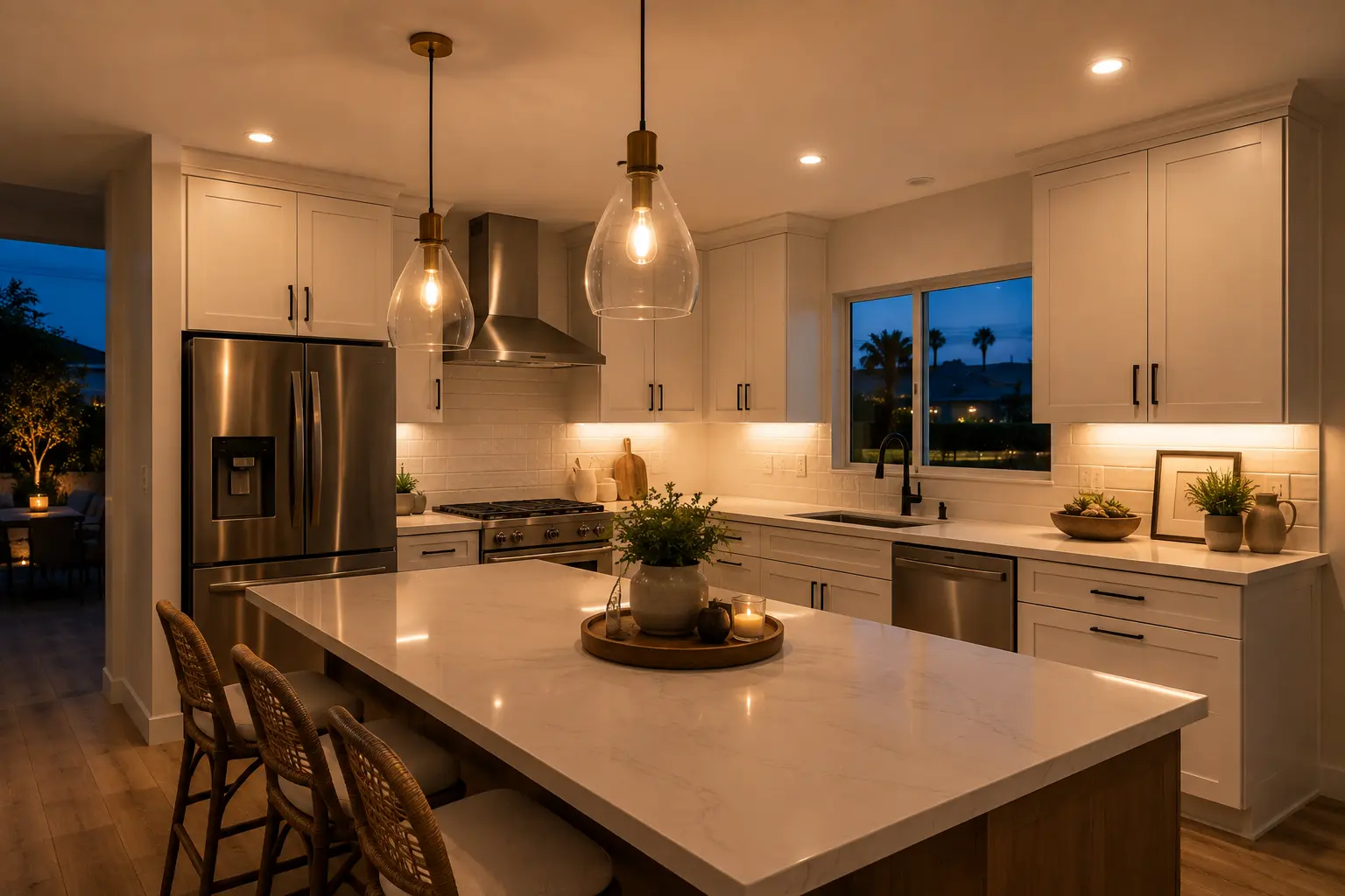 Kitchen lighting upgrade in San Diego to increase home value - layered recessed and pendant lighting by Elements Design & Build