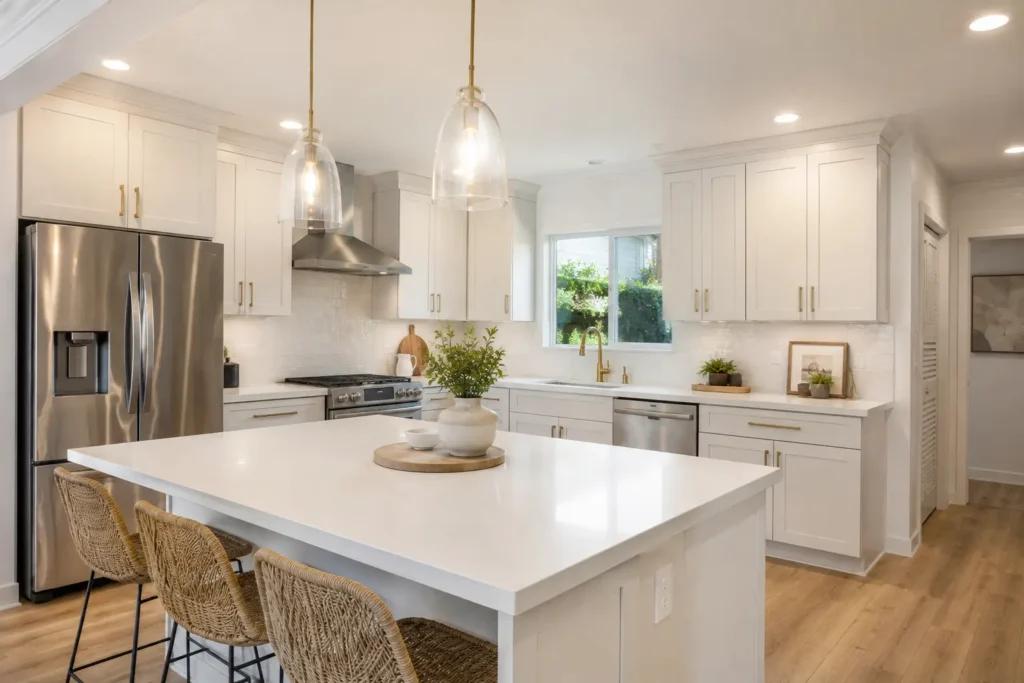 Kitchen remodel increases home value in San Diego - modern white kitchen with quartz countertops by Elements Design & Build